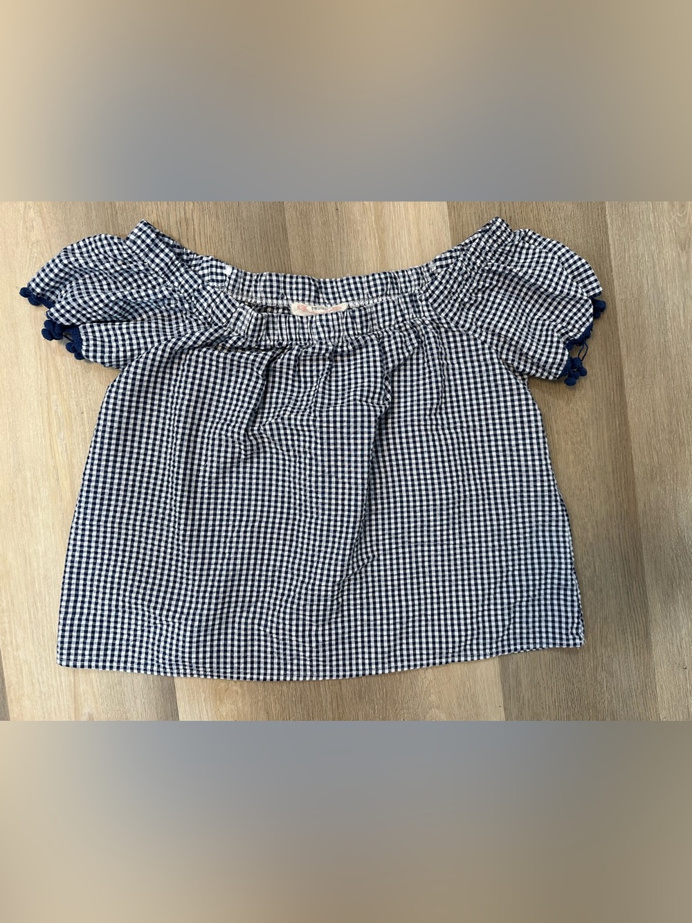 Girls Navy Gingham Off-Shoulder Shirt Blouse Summer Nautical